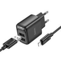 Сетевое зарядное устройство HOCO C141A Smart 2xUSB с Кабелем USB - Lightning, 2.1A, черный оптом Сетевое зарядное устройство HOCO C141A Smart 2xUSB с Кабелем USB - Lightning, 2.1A, черный