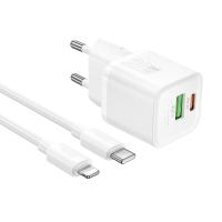 Сетевое зарядное устройство HOCO N65 Ingenious 1xUSB + 1xUSB-C с Кабелем Type-C - Lightning, 3A, 20W, белый оптом Сетевое зарядное устройство HOCO N65 Ingenious 1xUSB + 1xUSB-C с Кабелем Type-C - Lightning, 3A, 20W, белый
