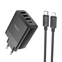 Сетевое зарядное устройство HOCO C127A Intelligent 3xUSB + 1xUSB-C с Кабелем Type-C - Lightning, 45W, черный оптом Сетевое зарядное устройство HOCO C127A Intelligent 3xUSB + 1xUSB-C с Кабелем Type-C - Lightning, 45W, черный