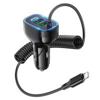 Автомобильное зарядное устройство HOCO NZ11A Guide, 1xUSB + 2xUSB-C с Кабелем Lightning, 3A, 30W, черный оптом Автомобильное зарядное устройство HOCO NZ11A Guide, 1xUSB + 2xUSB-C с Кабелем Lightning, 3A, 30W, черный