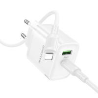 Сетевое зарядное устройство BOROFONE BA83A Flare star 1xUSB + 1xUSB-C с Кабелем Type-C - Lightning, 3A, 20W, белый