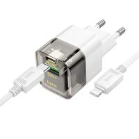 Сетевое зарядное устройство HOCO C131A Platinum 1xUSB + 1xUSB-C с Кабелем Type-C - Lightning, 3A, 30W, прозрачный черный оптом Сетевое зарядное устройство HOCO C131A Platinum 1xUSB + 1xUSB-C с Кабелем Type-C - Lightning, 3A, 30W, прозрачный черный