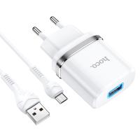 Сетевое зарядное устройство HOCO N1 Ardent 1xUSB с Кабелем USB - Micro, 2.4A, 10.8W, белый