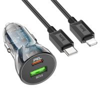 Автомобильное зарядное устройство HOCO Z47A Transparent Discovery, 1xUSB + 1xUSB-C с Кабелем Type-C - Lightning, 3A, 20W, темно-прозрачный