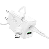 Сетевое зарядное устройство HOCO N69 Nuevo 1xUSB + 1xUSB-C с Кабелем Type-C - Type-C, 3A, 20W, белый оптом Сетевое зарядное устройство HOCO N69 Nuevo 1xUSB + 1xUSB-C с Кабелем Type-C - Type-C, 3A, 20W, белый