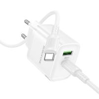Сетевое зарядное устройство BOROFONE BA83A Flare star 1xUSB + 1xUSB-C с Кабелем Type-C - Type-C, 3A, 20W, белый