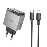 Сетевое зарядное устройство BOROFONE BN21 Lena 2xUSB-C с Кабелем Type-C - Lightning, 40W, серый металлик