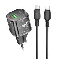 Сетевое зарядное устройство BOROFONE BN17 Sunlight 1xUSB + 1xUSB-C с Кабелем Type-C - Lightning, 3A, 20W, прозрачный черный