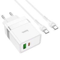 Сетевое зарядное устройство HOCO N21 Extension speed 1xUSB + 1xUSB-C с Кабелем Type-C - Type-C, 3A, 30W, белый