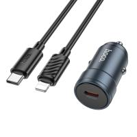 Автомобильное зарядное устройство HOCO Z57 Glorious, 1xUSB-C с Кабелем Type-C - Lightning, 30W, серый металлик оптом Автомобильное зарядное устройство HOCO Z57 Glorious, 1xUSB-C с Кабелем Type-C - Lightning, 30W, серый металлик