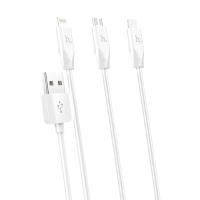 Кабель USB HOCO X1 Rapid 3 в 1 USB - Type-C + Lightning + MicroUSB, 3A, 1 м, белый