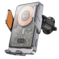 Автомобильный держатель HOCO HW7 Transparent, зажимной с беспроводной зарядкой, 15W, на воздуховод, серый металлик оптом Автомобильный держатель HOCO HW7 Transparent, зажимной с беспроводной зарядкой, 15W, на воздуховод, серый металлик