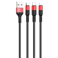 Кабель USB HOCO X26 Xpress 3 в 1 USB - Type-C + Lightning + MicroUSB, 2А, 1 м, черный+красный