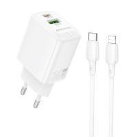 Сетевое зарядное устройство BOROFONE BN29 Fuente 1xUSB + 1xUSB-C с Кабелем Type-C - Lightning, 3A, 30W, белый