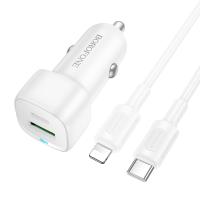 Автомобильное зарядное устройство BOROFONE BZ34B Cloud, 1xUSB + 1xUSB-C с Кабелем Type-C - Lightning, 38W, белый