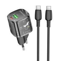 Сетевое зарядное устройство BOROFONE BN17 Sunlight 1xUSB + 1xUSB-C с Кабелем Type-C - Type-C, 3A, 20W, прозрачный черный