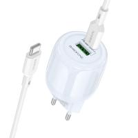 Сетевое зарядное устройство BOROFONE BA94A Lustrous 1xUSB + 1xUSB-C с Кабелем Type-C - Type-C, 3A, 30W, синий