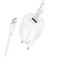 Сетевое зарядное устройство BOROFONE BA93A Lustrous 1xUSB + 1xUSB-C с Кабелем Type-C - Type-C, 3A, 20W, белый