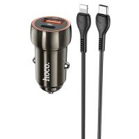 Автомобильное зарядное устройство HOCO Z46A Blue whale, 1xUSB + 1xUSB-C с Кабелем Type-C - Lightning, 3A, 18W, серый металлик