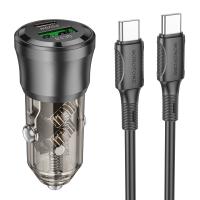 Автомобильное зарядное устройство BOROFONE BZ25 Journey, 1xUSB + 1xUSB-C с Кабелем Type-C - Type-C, 38W, прозрачный черный