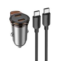 Автомобильное зарядное устройство HOCO NZ16B Rigorous, 2xUSB-C с Кабелем Type-C - Type-C, 45W, серый металлик оптом Автомобильное зарядное устройство HOCO NZ16B Rigorous, 2xUSB-C с Кабелем Type-C - Type-C, 45W, серый металлик