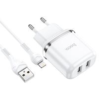 Сетевое зарядное устройство HOCO N4 Aspiring 2xUSB с Кабелем USB - Lightning, 2.4A, 10.8W, белый