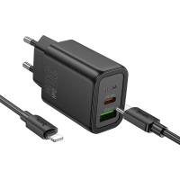 Сетевое зарядное устройство HOCO N63 Gentle 1xUSB + 1xUSB-C с Кабелем Type-C - Lightning, 3A, 30W, черный оптом Сетевое зарядное устройство HOCO N63 Gentle 1xUSB + 1xUSB-C с Кабелем Type-C - Lightning, 3A, 30W, черный