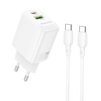Сетевое зарядное устройство BOROFONE BN29 Fuente 1xUSB + 1xUSB-C с Кабелем Type-C - Type-C, 3A, 30W, белый