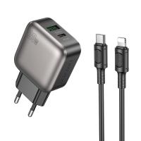 Сетевое зарядное устройство BOROFONE BAS54A Absolute 1xUSB + 1xUSB-C с Кабелем Type-C - Lightning, 3A, 20W, черный