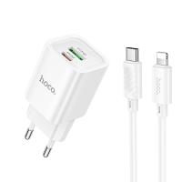 Сетевое зарядное устройство HOCO C149A Charm 1xUSB + 1xUSB-C с Кабелем Type-C - Lightning, 3A, 30W, белый оптом Сетевое зарядное устройство HOCO C149A Charm 1xUSB + 1xUSB-C с Кабелем Type-C - Lightning, 3A, 30W, белый