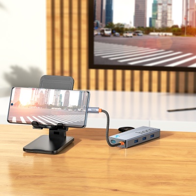 Переходник/Адаптер HOCO HB50 Wow 5 в 1 Type-C (m) - 3xUSB3.0 + Type-C PD + HDMI, 19 см, серый металлик