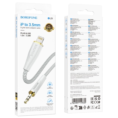 Аудиокабель BOROFONE BL23 Refinado AUX Jack 3,5 (m) - Lightning (m), 1 м, серый