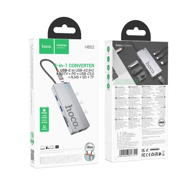 Переходник/Адаптер HOCO HB52 Wow 8 в 1 Type-C (m) - 2xUSB3.0 + Type-C PD + USB-C + HDMI + SD/TF + RJ45, 19 см, серый металлик