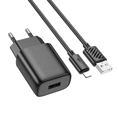 Сетевое зарядное устройство HOCO C134A Solid 1xUSB с Кабелем USB - Lightning, 2.4A, черный