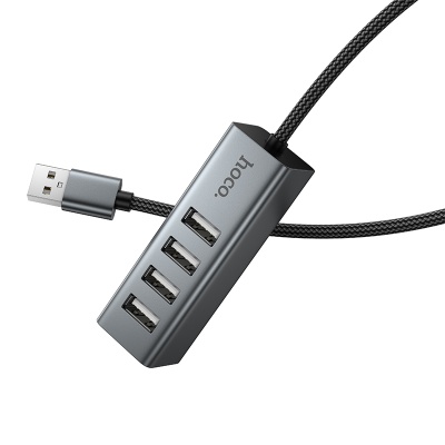 USB HUB разветвитель HOCO HB1A 4 в 1 USB (m) - 4xUSB2.0 (f), 1 м, серый металлик