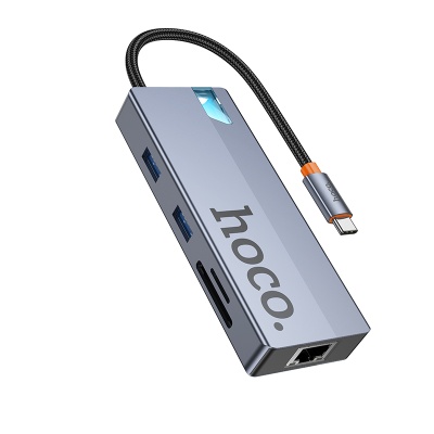 Переходник/Адаптер HOCO HB52 Wow 8 в 1 Type-C (m) - 2xUSB3.0 + Type-C PD + USB-C + HDMI + SD/TF + RJ45, 19 см, серый металлик