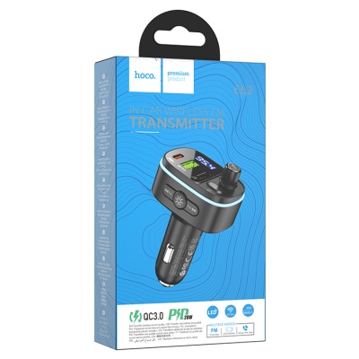 Автомобильное зарядное устройство с FM-Трансмиттер HOCO E62 Fast, 2xUSB + 1xUSB-C, 18W, черный