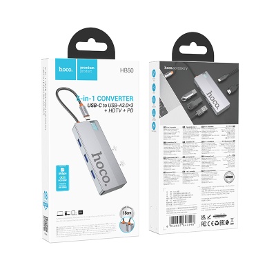 Переходник/Адаптер HOCO HB50 Wow 5 в 1 Type-C (m) - 3xUSB3.0 + Type-C PD + HDMI, 19 см, серый металлик