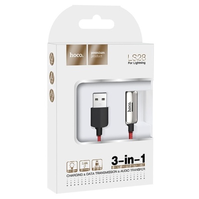 Переходник/Адаптер HOCO LS28 2 в 1 USB (m) - Lightning (m) / Lightning (f), серебристый