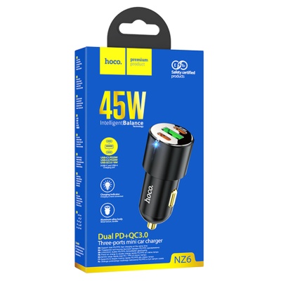 Автомобильное зарядное устройство HOCO NZ6, 1xUSB + 2xUSB-C, 45W, черный