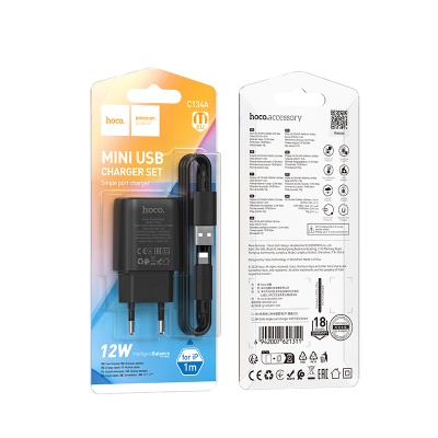 Сетевое зарядное устройство HOCO C134A Solid 1xUSB с Кабелем USB - Lightning, 2.4A, черный