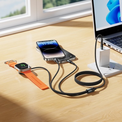 Зарядное устройство HOCO CW64 для Apple Watch 1xUSB-C + 1x Lightning с Кабелем Type-C, черный