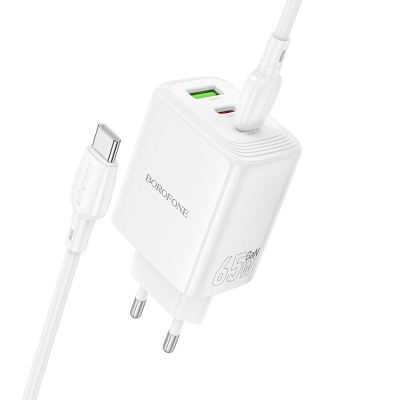 Сетевое зарядное устройство BOROFONE BN32 Cargador 1xUSB + 2xUSB-C с Кабелем Type-C - Type-C, 65W, белый
