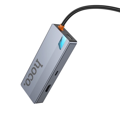 Переходник/Адаптер HOCO HB50 Wow 5 в 1 Type-C (m) - 3xUSB3.0 + Type-C PD + HDMI, 19 см, серый металлик