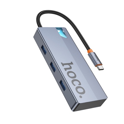 Переходник/Адаптер HOCO HB50 Wow 5 в 1 Type-C (m) - 3xUSB3.0 + Type-C PD + HDMI, 19 см, серый металлик