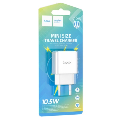 Сетевое зарядное устройство HOCO C106A 1xUSB, 2.1A, 10.5W, белый