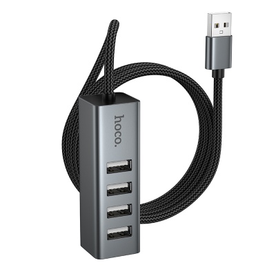 USB HUB разветвитель HOCO HB1A 4 в 1 USB (m) - 4xUSB2.0 (f), 1 м, серый металлик