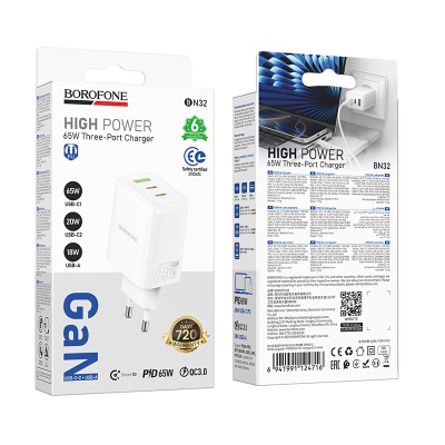 Сетевое зарядное устройство BOROFONE BN32 Cargador 1xUSB + 2xUSB-C, 65W, белый