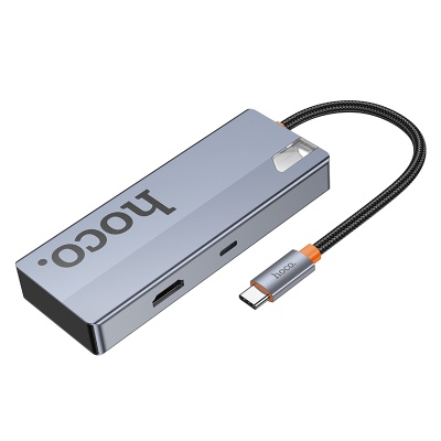 Переходник/Адаптер HOCO HB50 Wow 5 в 1 Type-C (m) - 3xUSB3.0 + Type-C PD + HDMI, 19 см, серый металлик