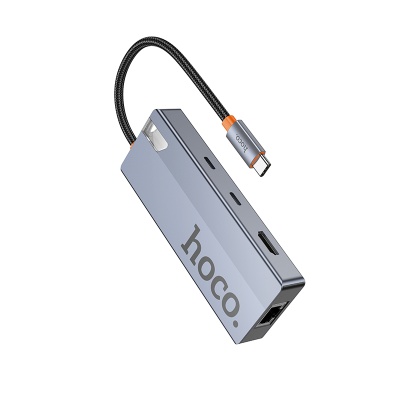 Переходник/Адаптер HOCO HB52 Wow 8 в 1 Type-C (m) - 2xUSB3.0 + Type-C PD + USB-C + HDMI + SD/TF + RJ45, 19 см, серый металлик